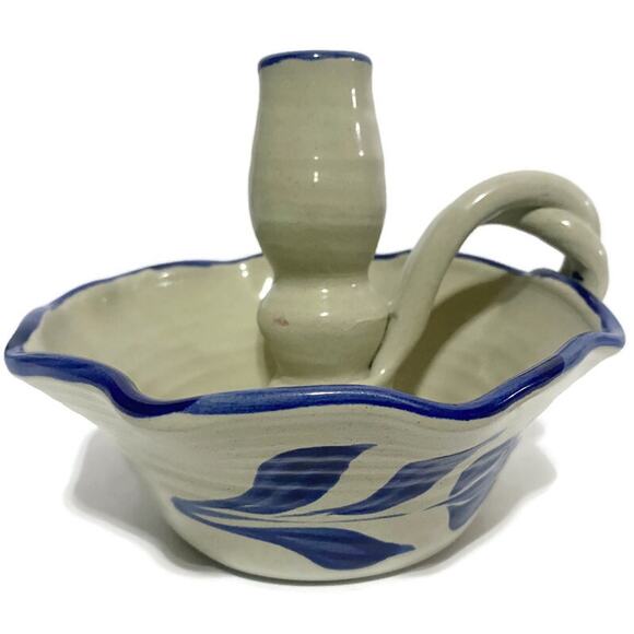 Williamsburg Pottery Finger Candle Holder Blue and Beige 5" Tall - Picture 12 of 12